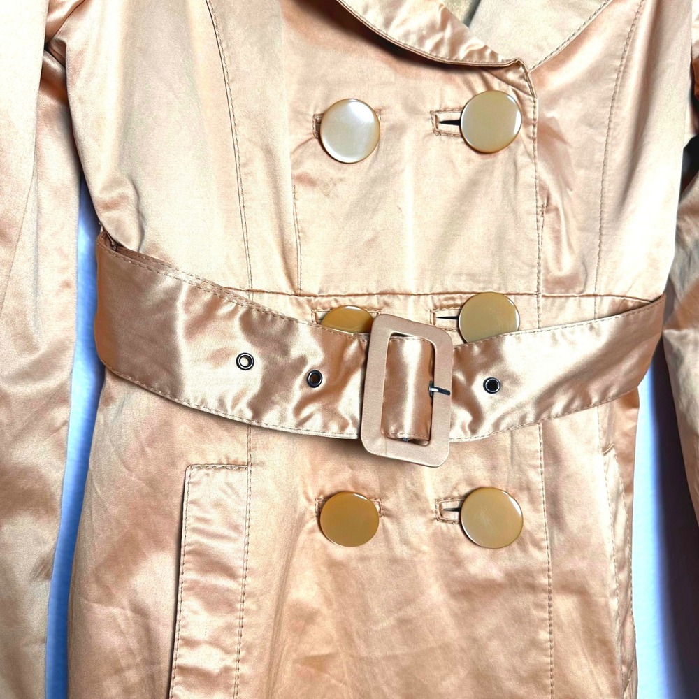 Vintage Y2K Bebe Womens Metallic Bronze Satin Trench Coat Belted Jacket S - Picture 3 of 13